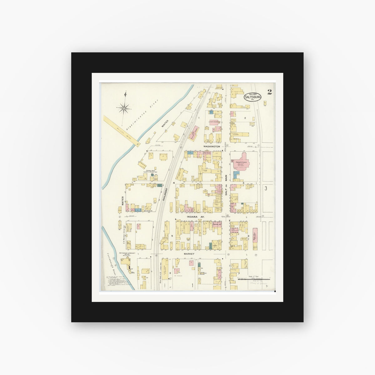 Old map wall art mockup — black gallery frame with white mat — Sanborn Fire Insurance Map from Saltsburg, Indiana County, Pennsylvania (1909), Sheet #0002