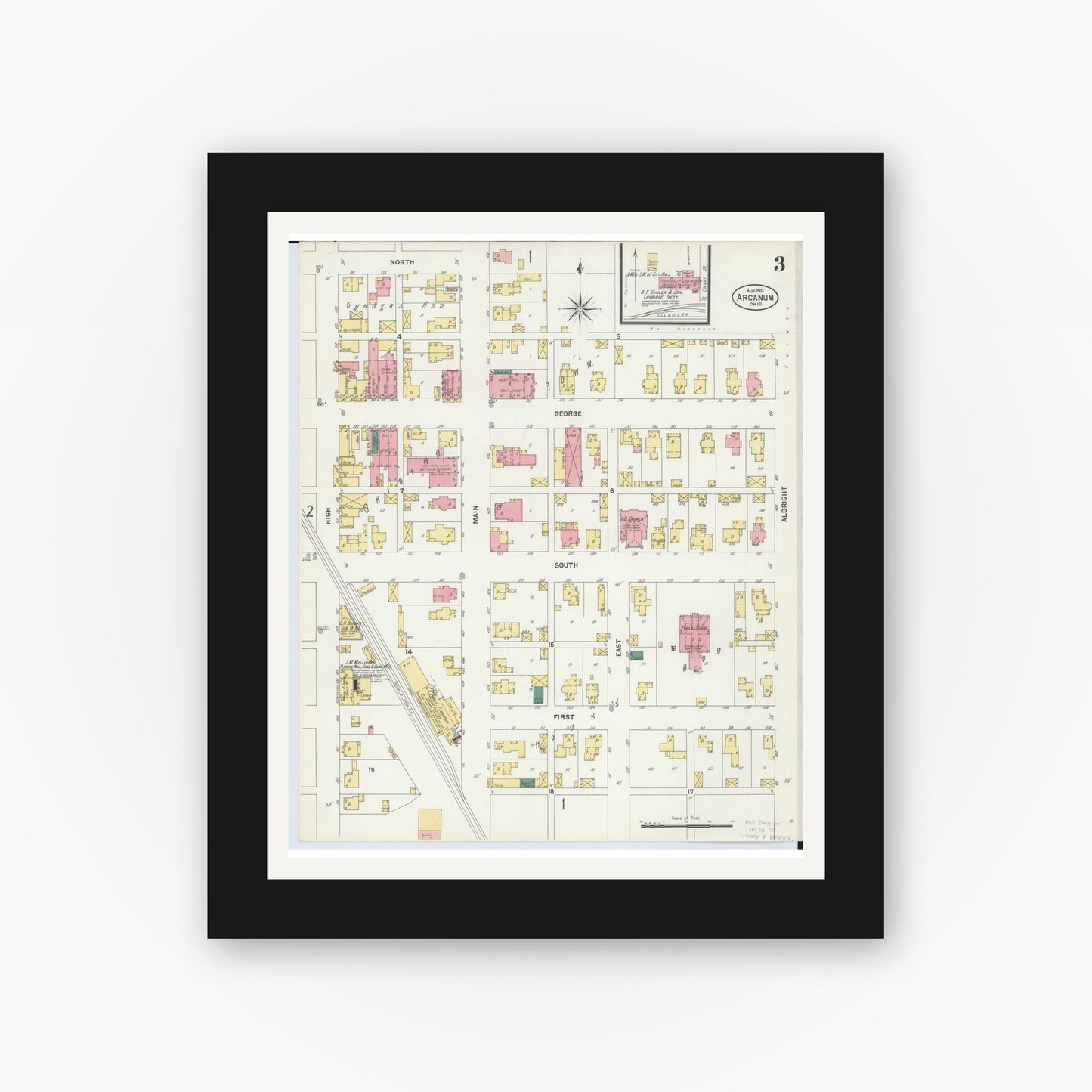 Old map wall art mockup — black gallery frame with white mat — Sanborn Fire Insurance Map from Arcanum, Darke County, Ohio (1901), Sheet #0003
