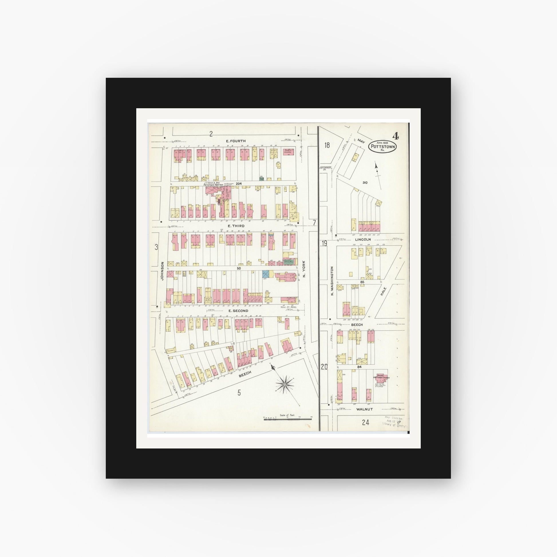 Old map wall art mockup — black gallery frame with white mat — Sanborn Fire Insurance Map from Pottstown, Montgomery County, Pennsylvania (1909), Sheet #0004