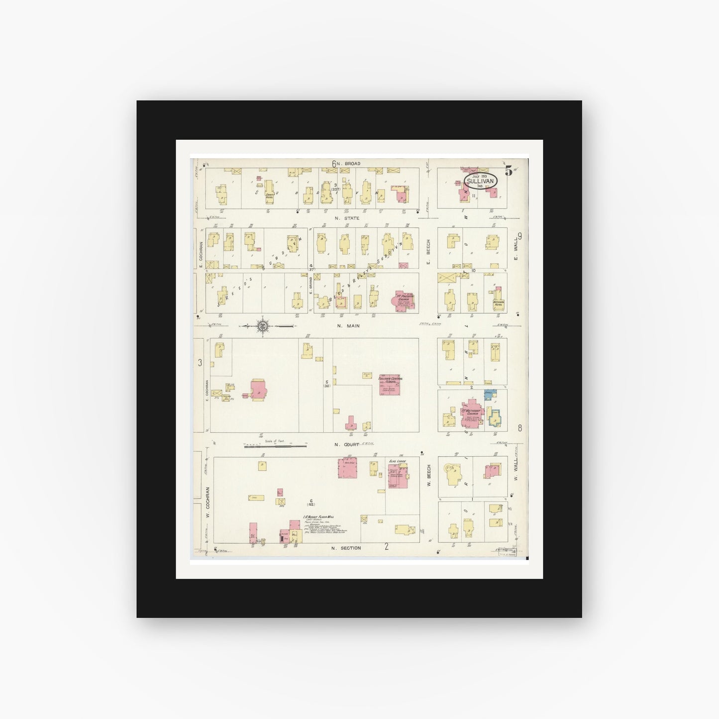 Old map wall art mockup — black gallery frame with white mat — Sanborn Fire Insurance Map from Sullivan, Sullivan County, Indiana (1913), Sheet #0005