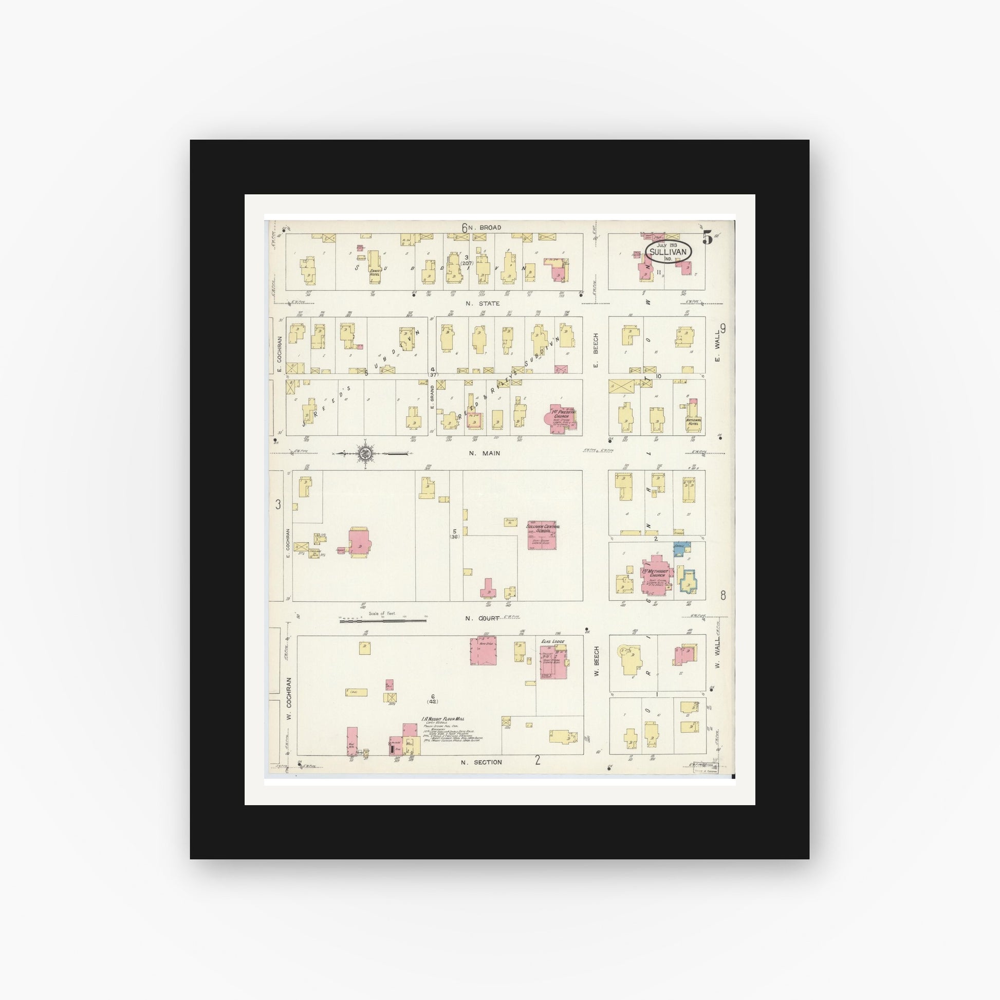 Old map wall art mockup — black gallery frame with white mat — Sanborn Fire Insurance Map from Sullivan, Sullivan County, Indiana (1913), Sheet #0005