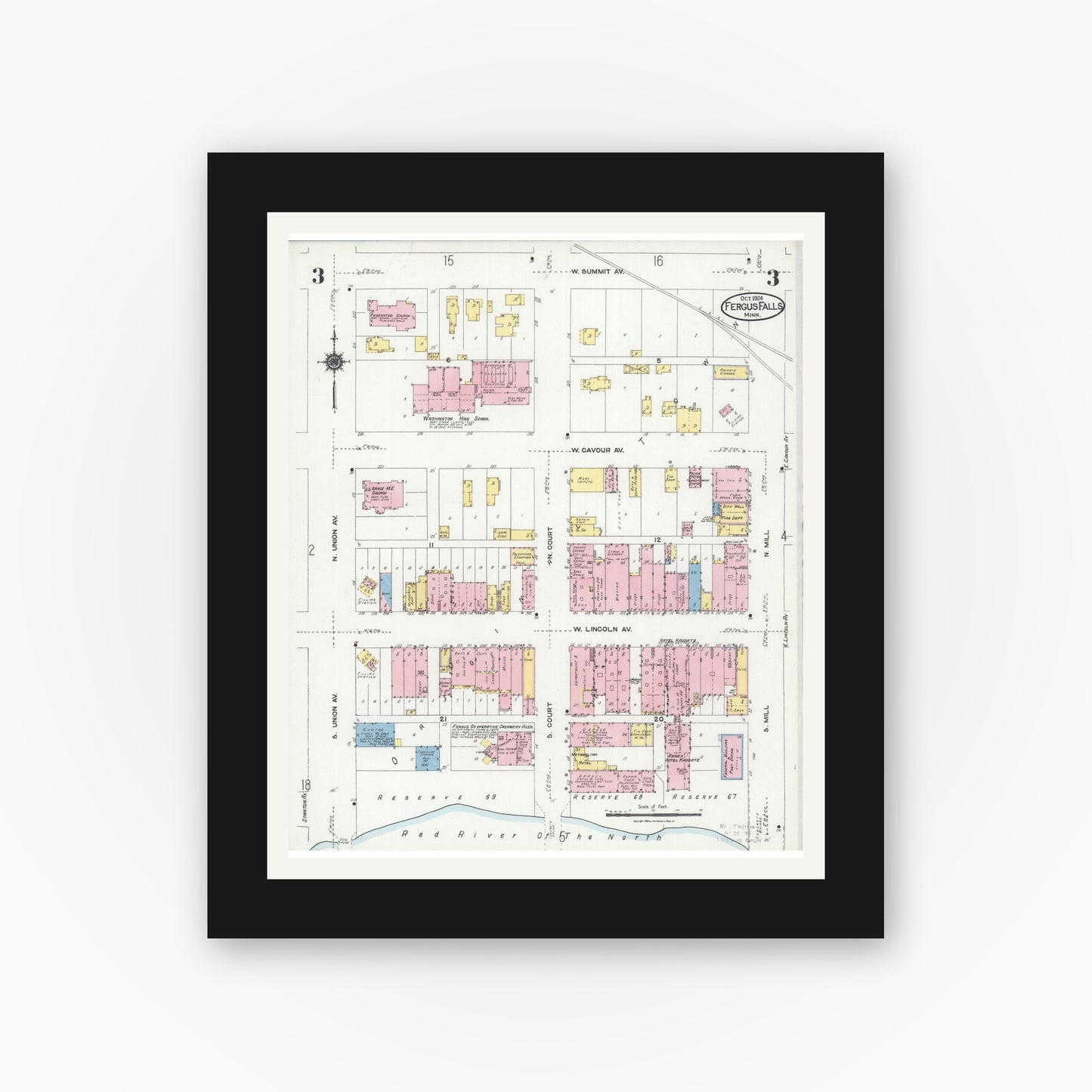 Old map wall art mockup — black gallery frame with white mat — Sanborn Fire Insurance Map from Fergus Falls, Otter Tail County, Minnesota (1924), Sheet #0003