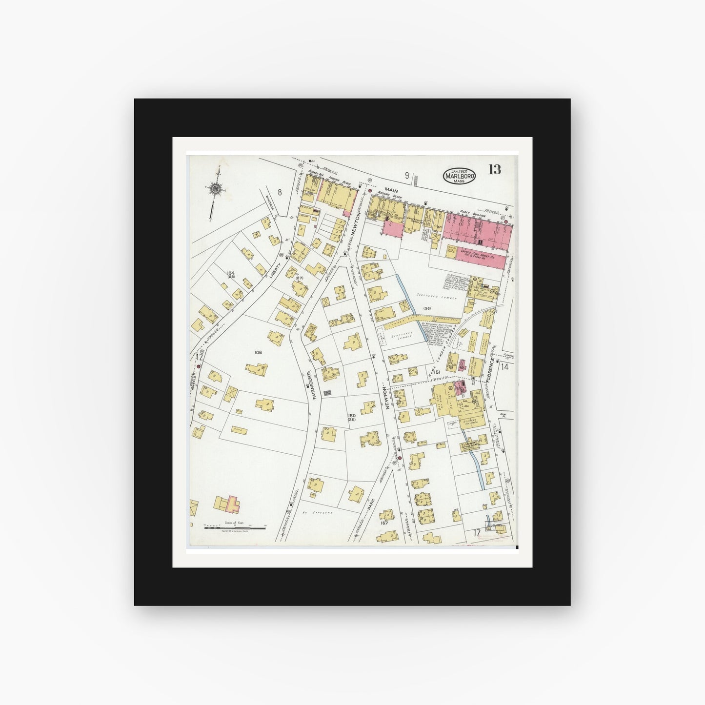 Old map wall art mockup — black gallery frame with white mat — Sanborn Fire Insurance Map from Marlborough, Middlesex County, Massachusetts (1920), Sheet #0013