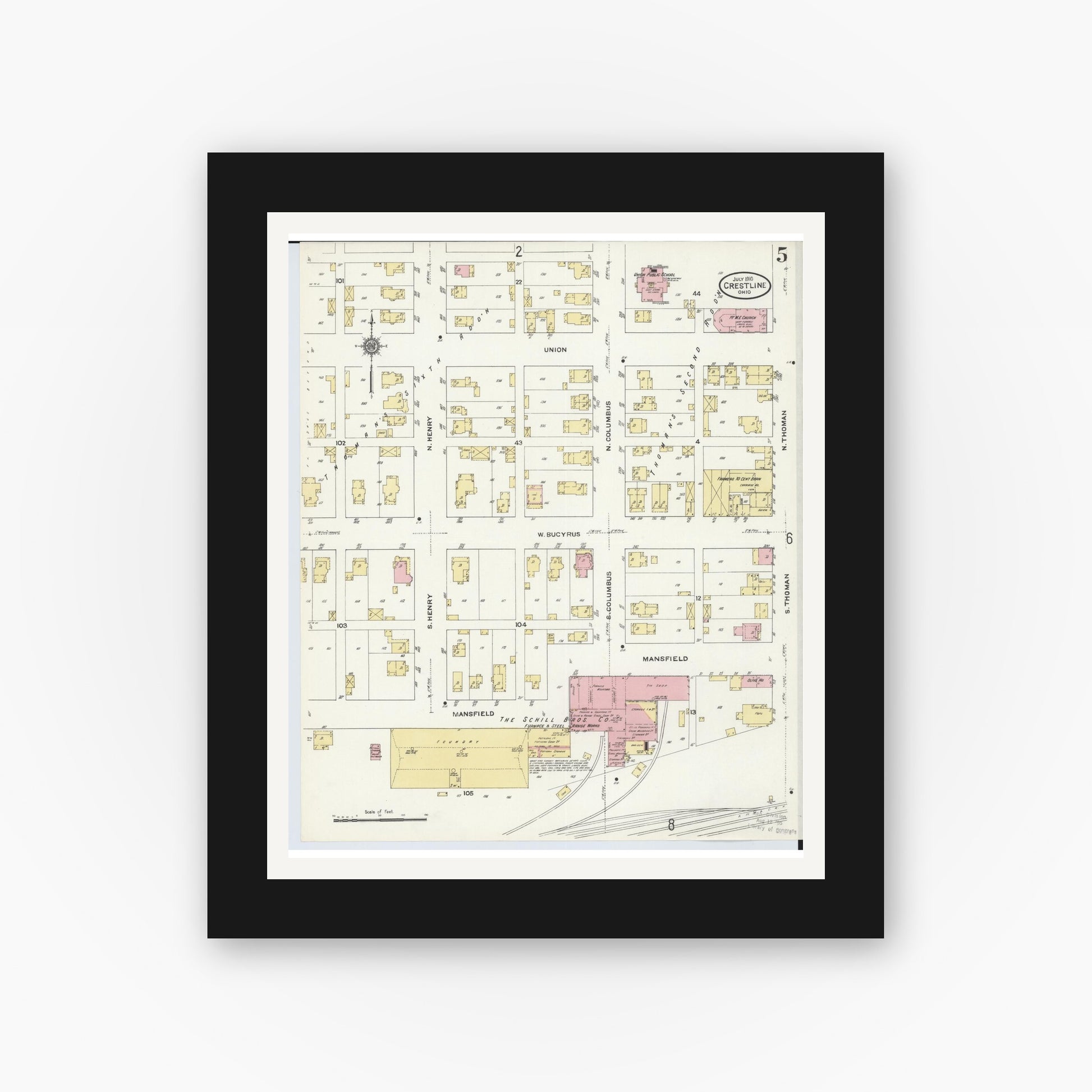 Old map wall art mockup — black gallery frame with white mat — Sanborn Fire Insurance Map from Crestline, Crawford County, Ohio (1910), Sheet #0005