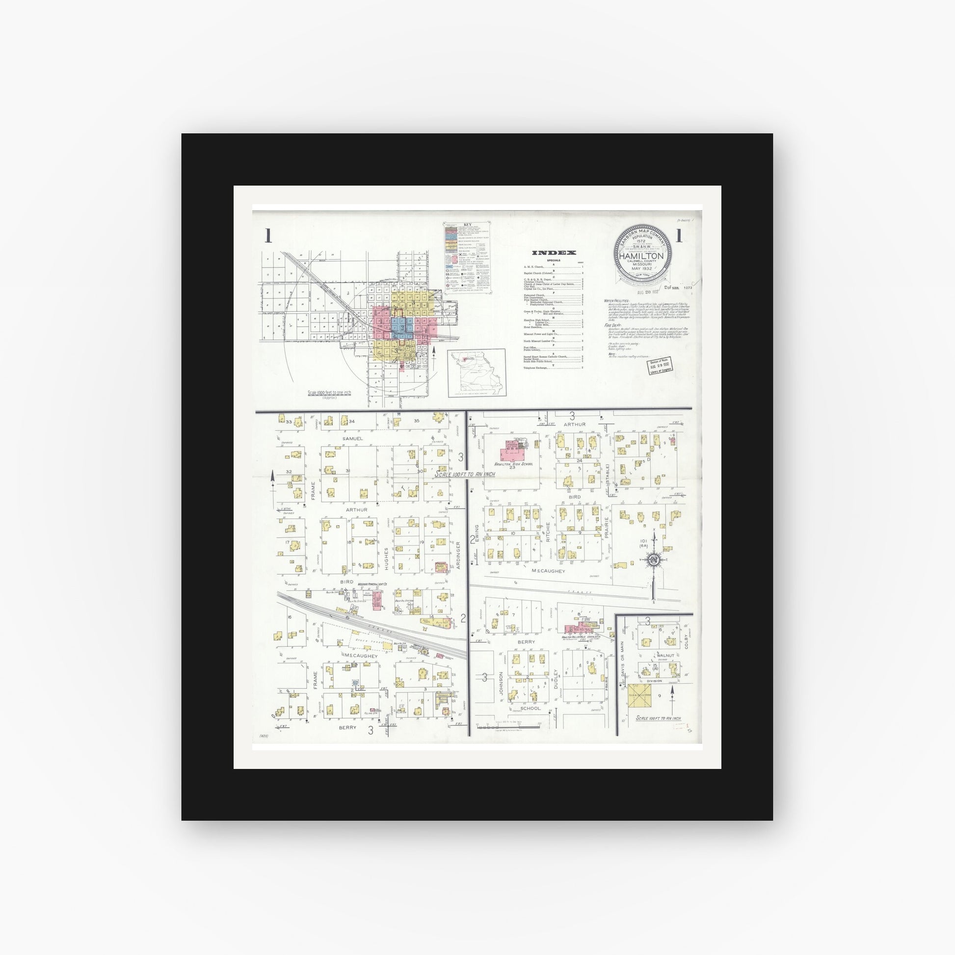 Old map wall art mockup — black gallery frame with white mat — Sanborn Fire Insurance Map from Hamilton, Caldwell County, Missouri (1932) - Complete Map Set