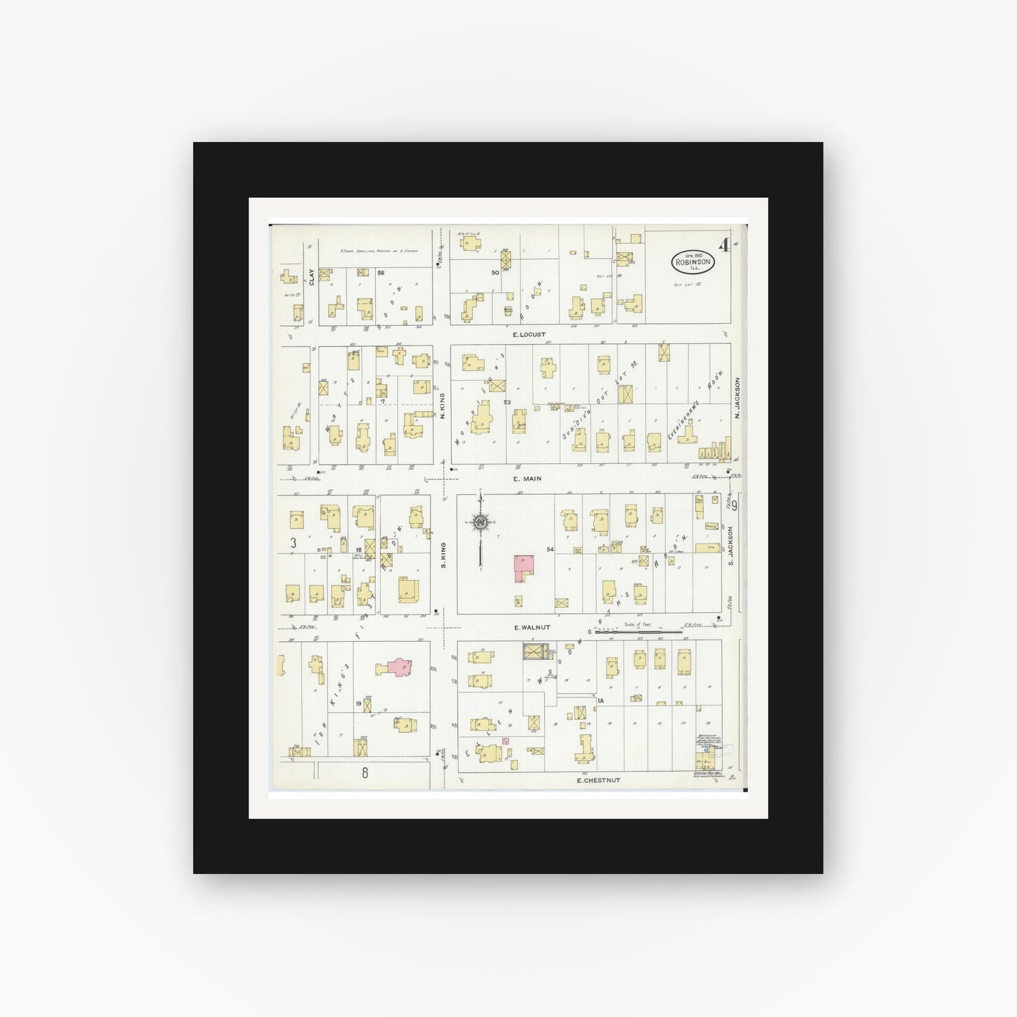 Old map wall art mockup — black gallery frame with white mat — Sanborn Fire Insurance Map from Robinson, Crawford County, Illinois (1910), Sheet #0004