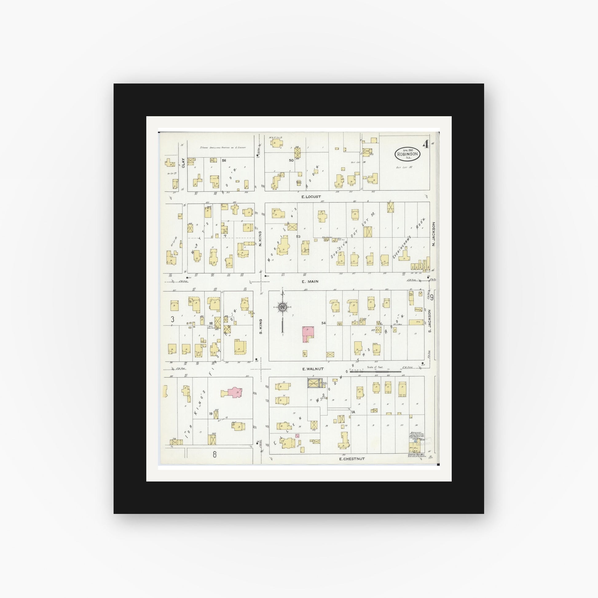 Old map wall art mockup — black gallery frame with white mat — Sanborn Fire Insurance Map from Robinson, Crawford County, Illinois (1910), Sheet #0004
