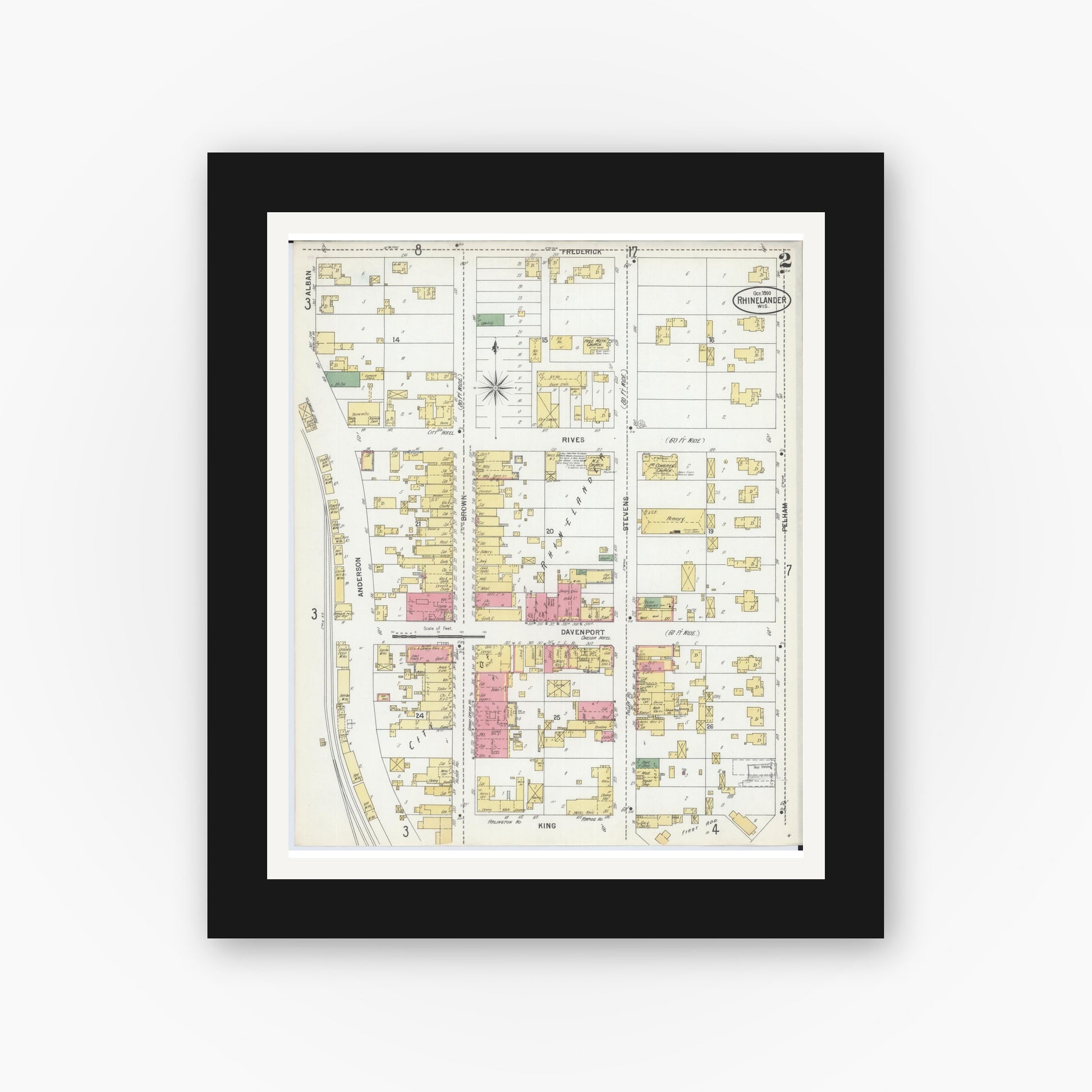 Old map wall art mockup — black gallery frame with white mat — Sanborn Fire Insurance Map from Rhinelander, Oneida County, Wisconsin (1900), Sheet #0002