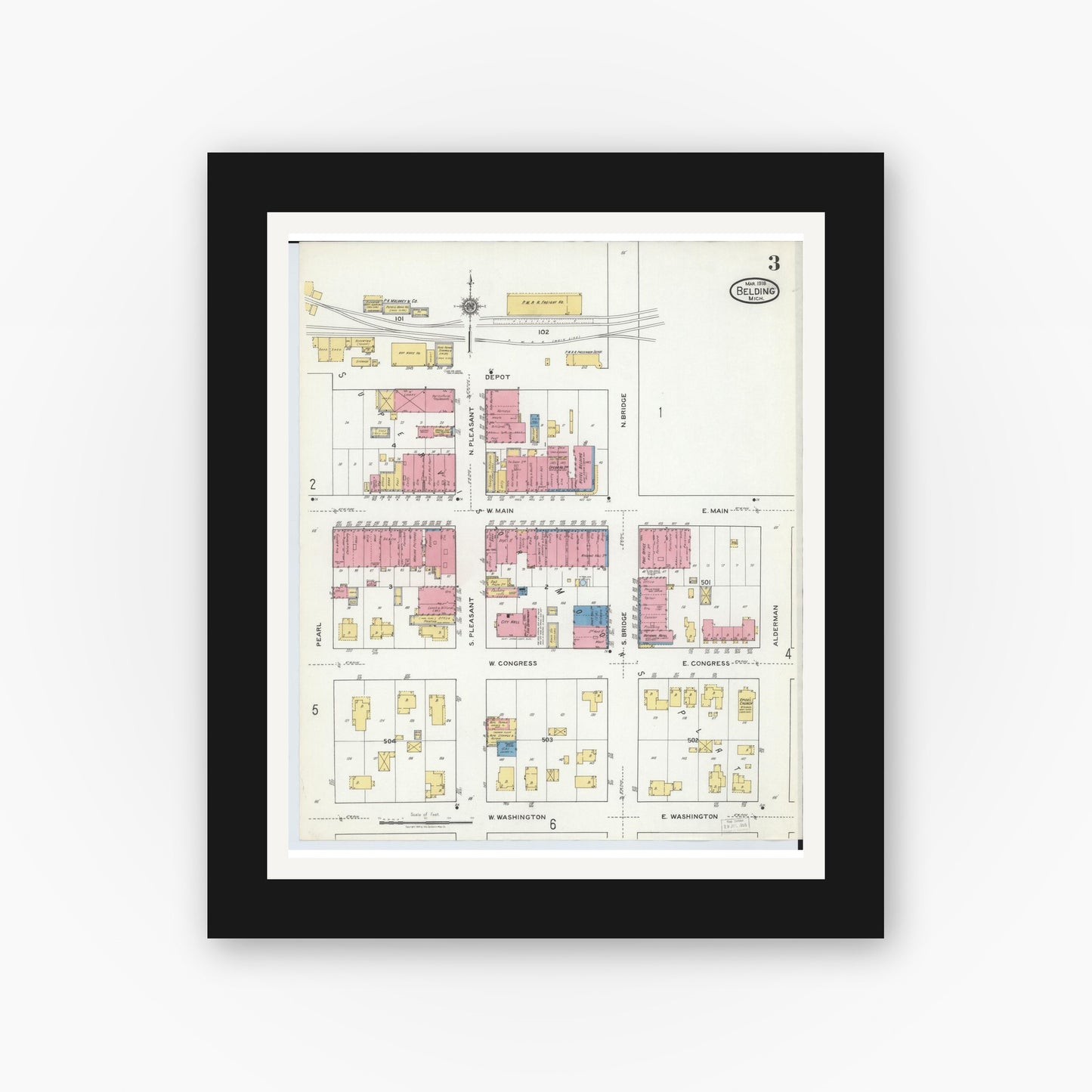 Old map wall art mockup — black gallery frame with white mat — Sanborn Fire Insurance Map from Belding, Ionia County, Michigan (1918), Sheet #0003