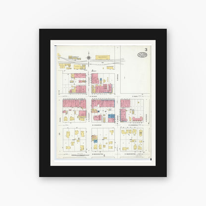 Old map wall art mockup — black gallery frame with white mat — Sanborn Fire Insurance Map from Belding, Ionia County, Michigan (1918), Sheet #0003