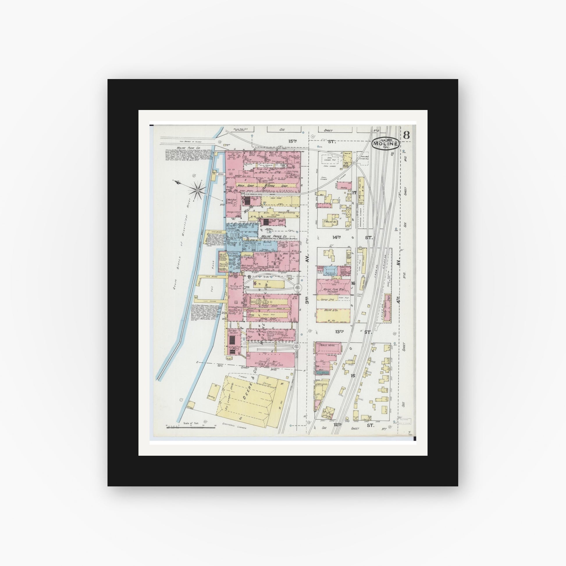 Old map wall art mockup — black gallery frame with white mat — Sanborn Fire Insurance Map from Moline, Rock Island County, Illinois (1892), Sheet #0008