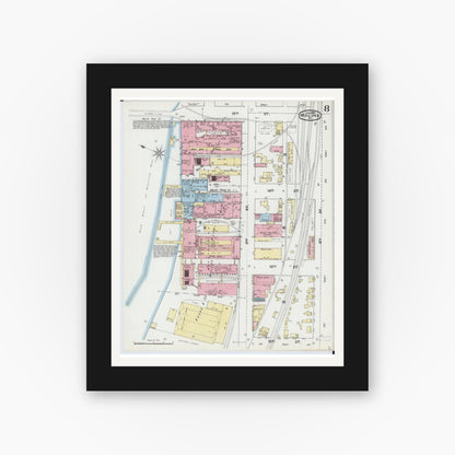Old map wall art mockup — black gallery frame with white mat — Sanborn Fire Insurance Map from Moline, Rock Island County, Illinois (1892), Sheet #0008