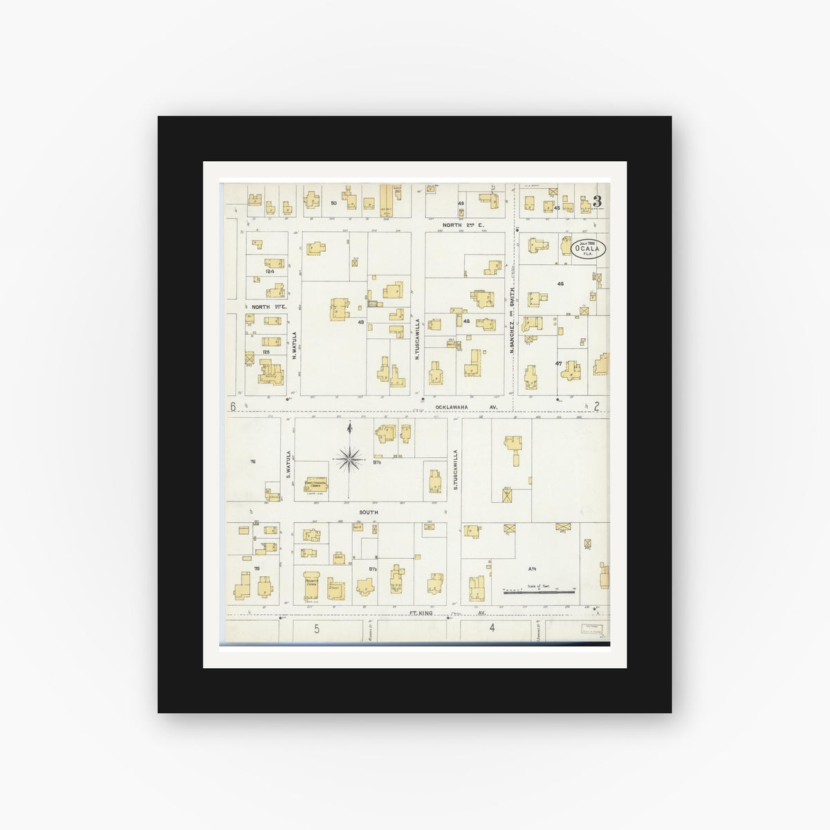 Old map wall art mockup — black gallery frame with white mat — Sanborn Fire Insurance Map from Ocala, Marion County, Florida (1906), Sheet #0003