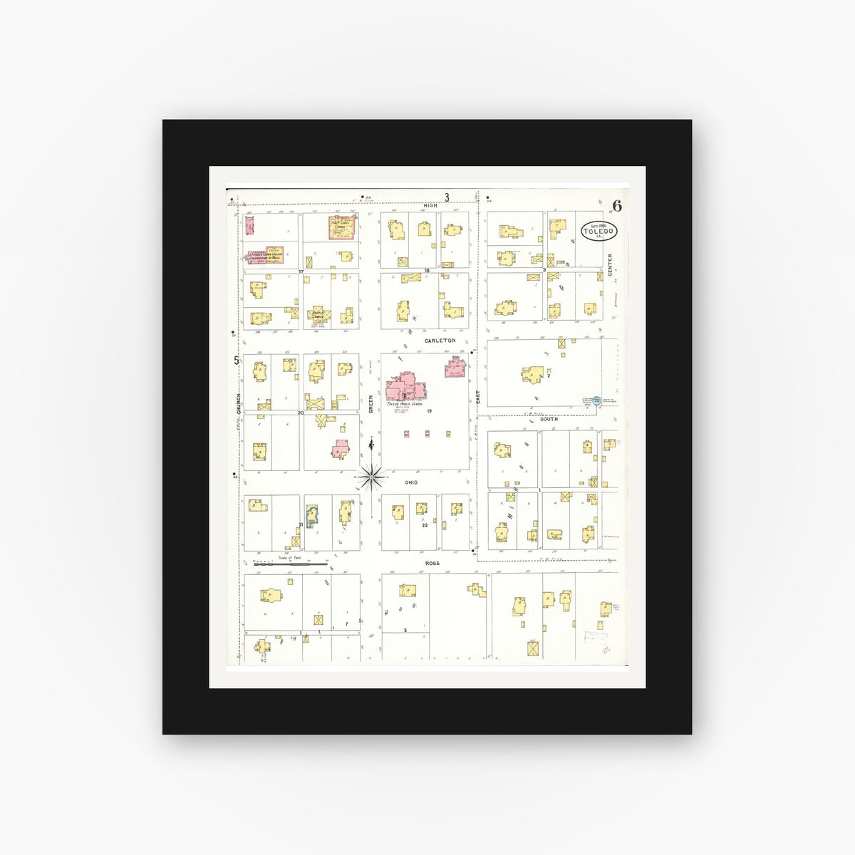 Old map wall art mockup — black gallery frame with white mat — Sanborn Fire Insurance Map from Toledo, Tama County, Iowa (1906), Sheet #0006