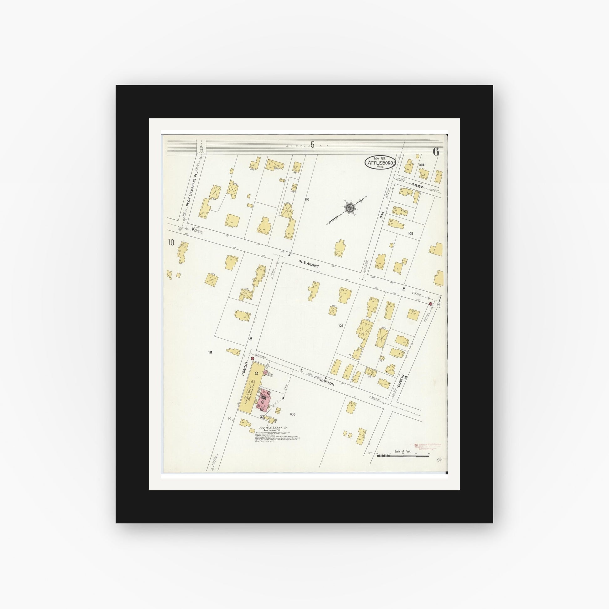 Old map wall art mockup — black gallery frame with white mat — Sanborn Fire Insurance Map from Attleboro, Bristol County, Massachusetts (1911), Sheet #0006