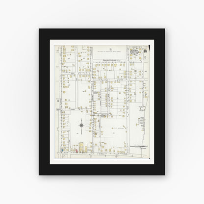 Old map wall art mockup — black gallery frame with white mat — Sanborn Fire Insurance Map from Denton, Denton County, Texas (1921), Sheet #0016