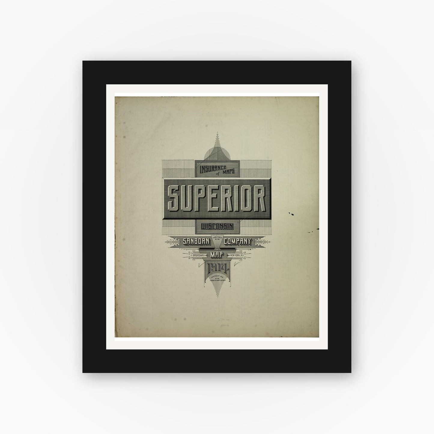 Old map wall art mockup — black gallery frame with white mat — Sanborn Fire Insurance Map from Superior, Douglas County, Wisconsin (1914), Sheet #0001