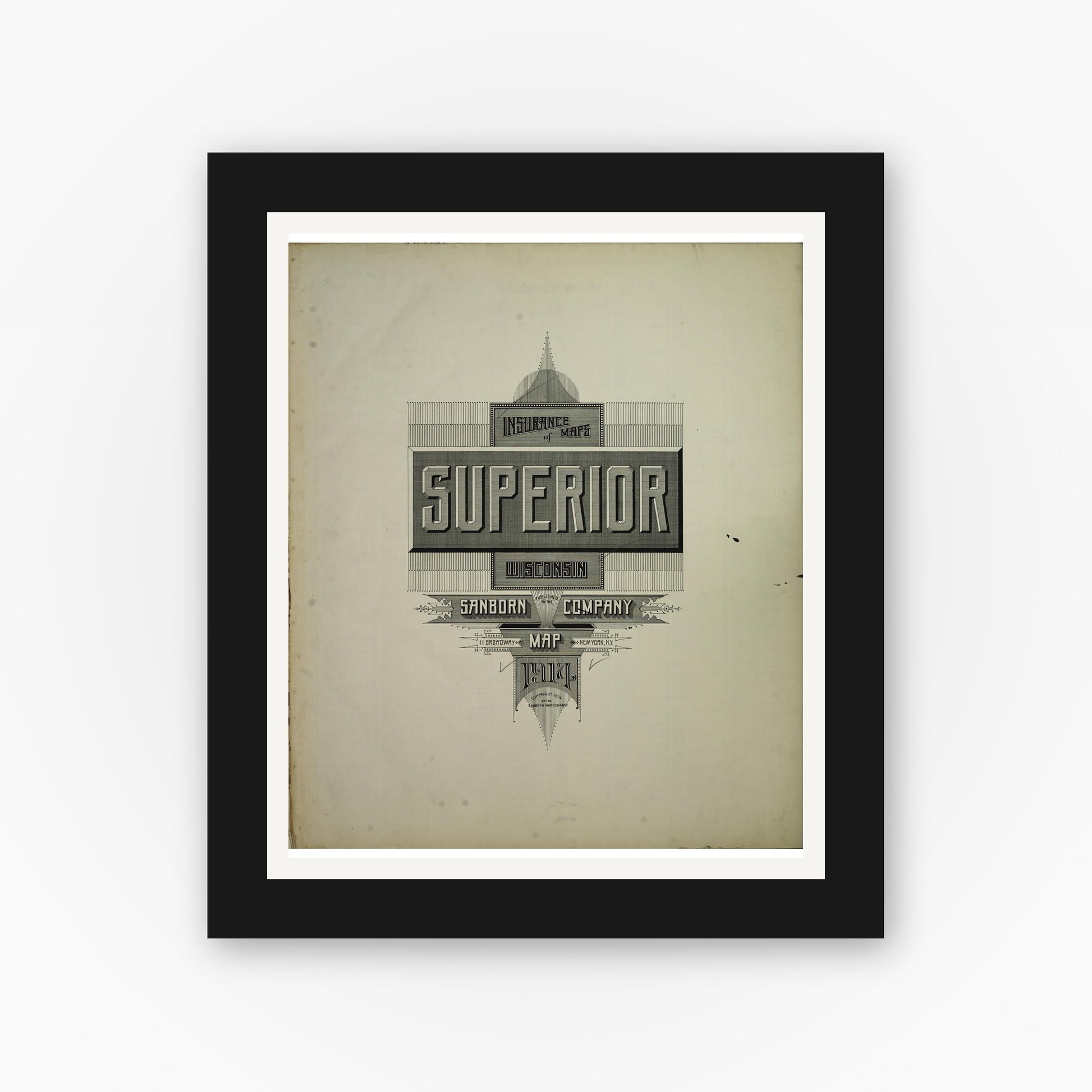 Old map wall art mockup — black gallery frame with white mat — Sanborn Fire Insurance Map from Superior, Douglas County, Wisconsin (1914), Sheet #0001