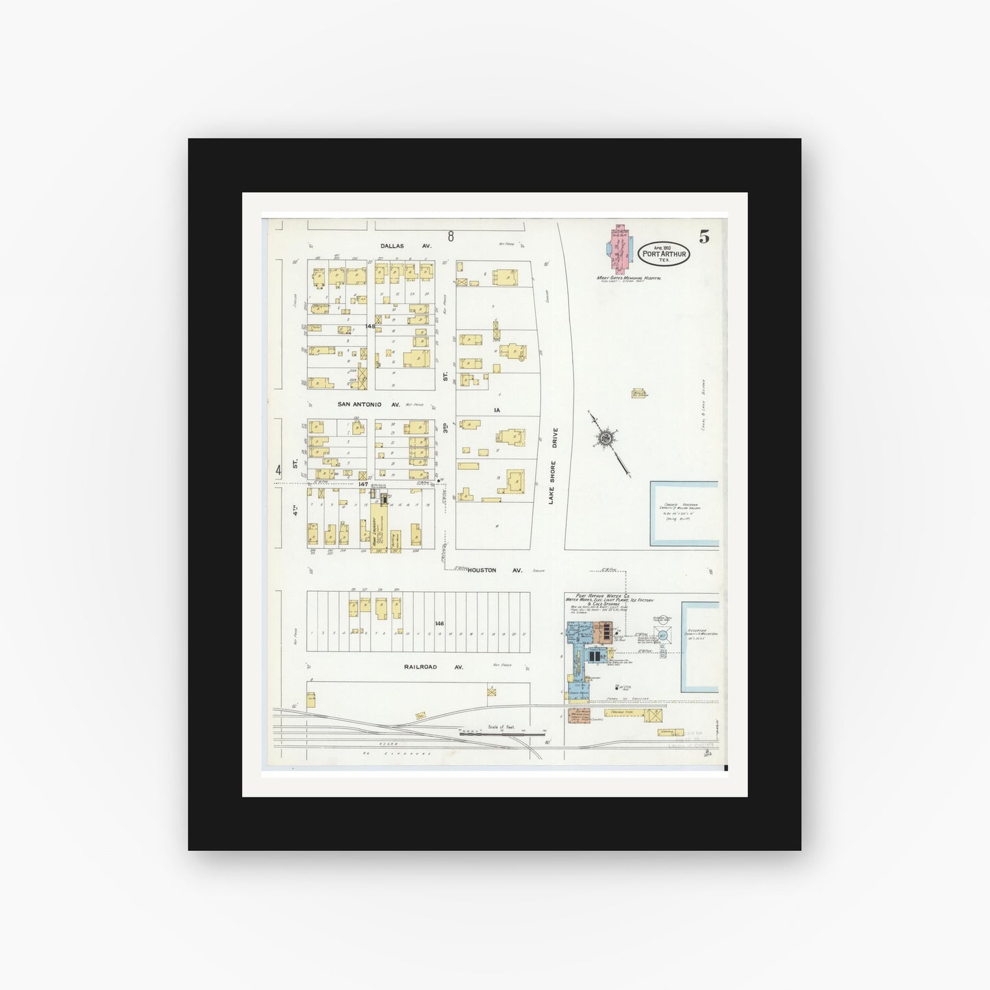 Old map wall art mockup — black gallery frame with white mat — Sanborn Fire Insurance Map from Port Arthur, Jefferson County, Texas (1910), Sheet #0005