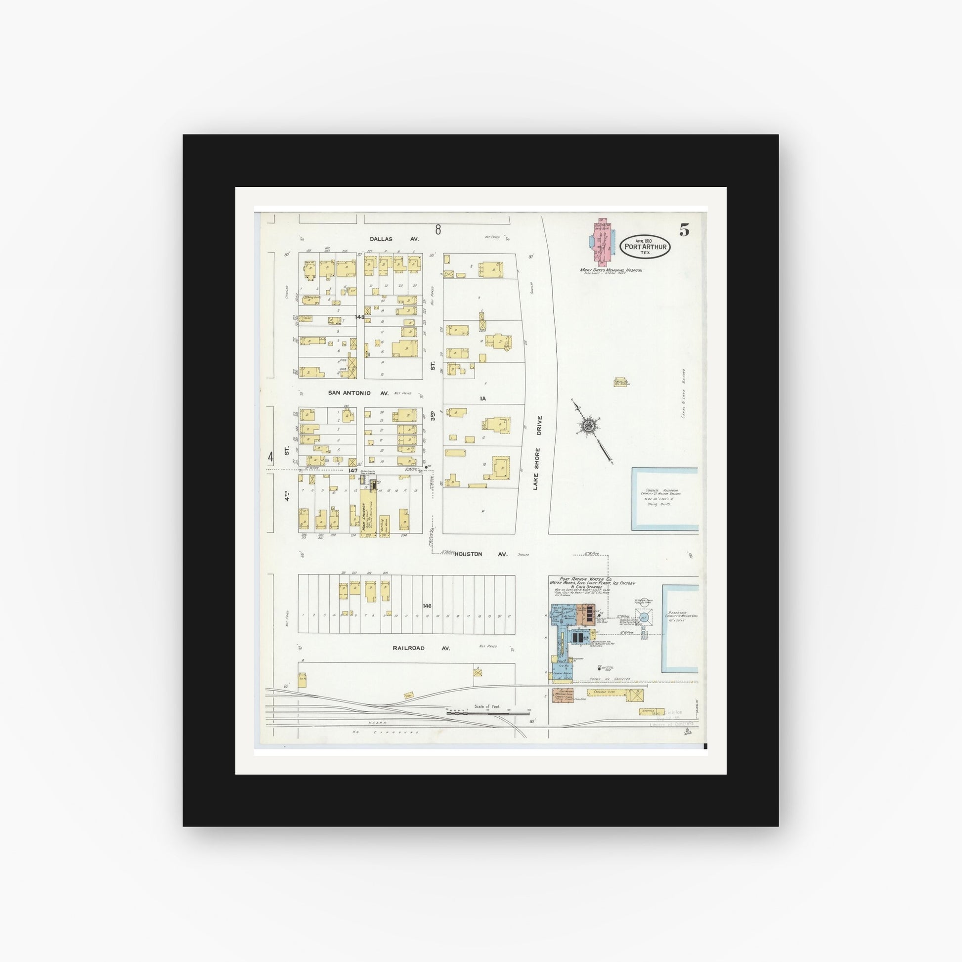 Old map wall art mockup — black gallery frame with white mat — Sanborn Fire Insurance Map from Port Arthur, Jefferson County, Texas (1910), Sheet #0005