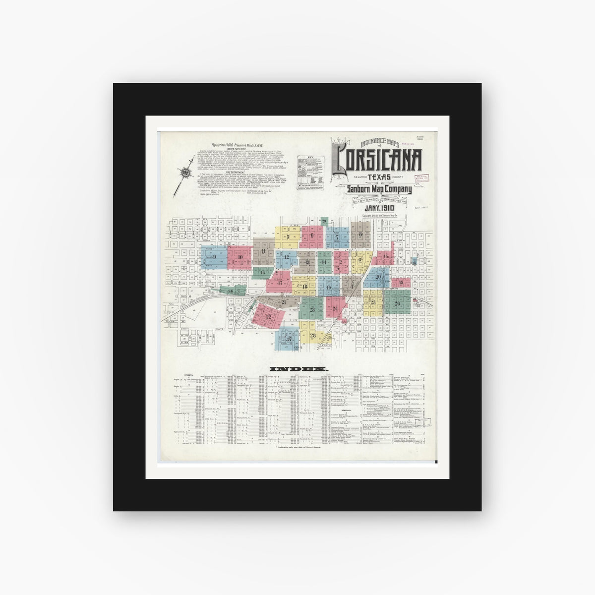 Old map wall art mockup — black gallery frame with white mat — Sanborn Fire Insurance Map from Corsicana, Navarro County, Texas (1910) - Complete Map Set
