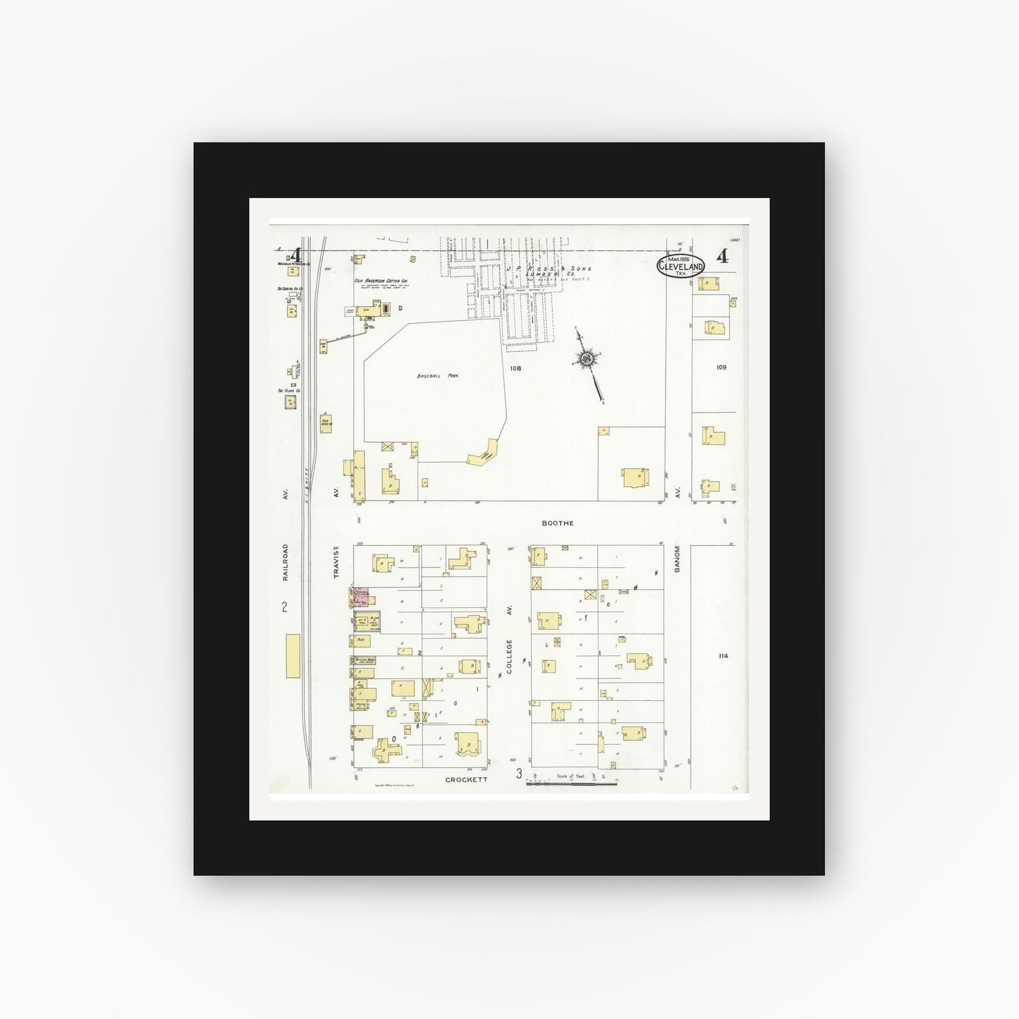 Old map wall art mockup — black gallery frame with white mat — Sanborn Fire Insurance Map from Cleveland, Liberty County, Texas (1926), Sheet #0004