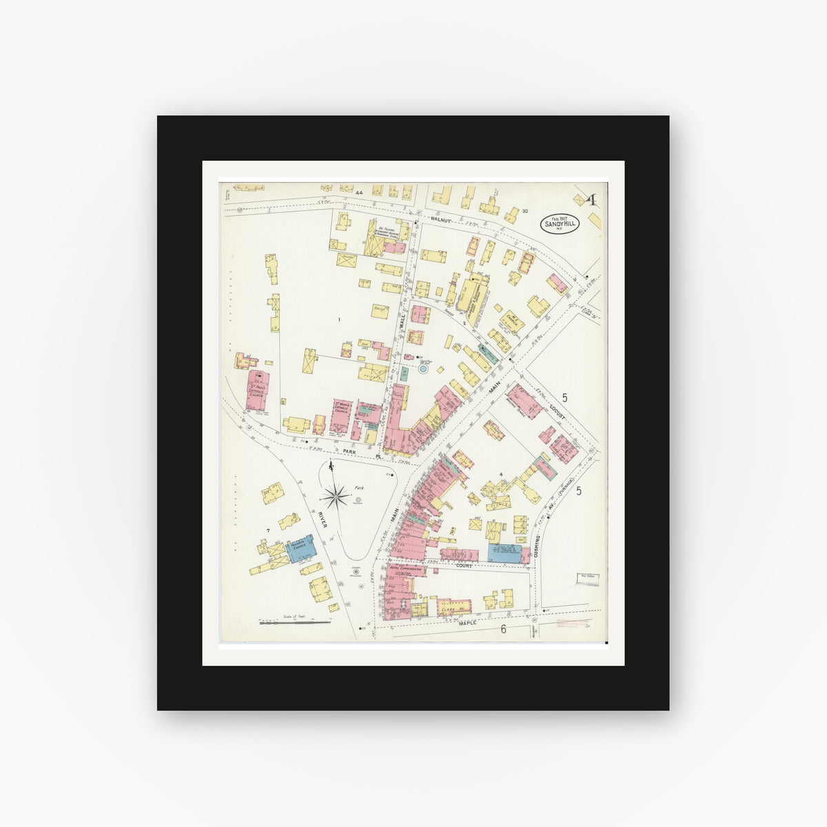 Old map wall art mockup — black gallery frame with white mat — Sanborn Fire Insurance Map from Sandy Hill, Washington County, New York (1907), Sheet #0004