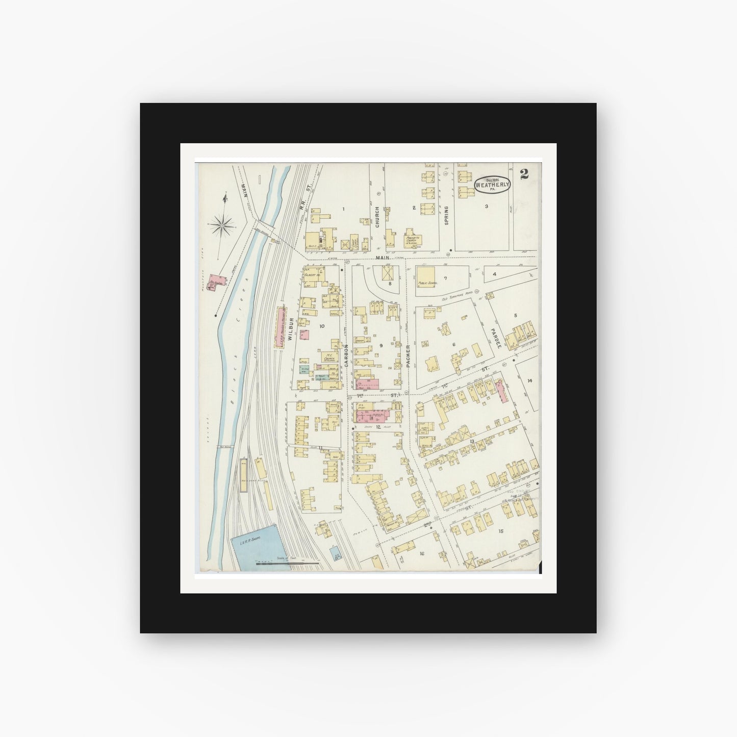Old map wall art mockup — black gallery frame with white mat — Sanborn Fire Insurance Map from Weatherly, Carbon County, Pennsylvania (1895), Sheet #0002