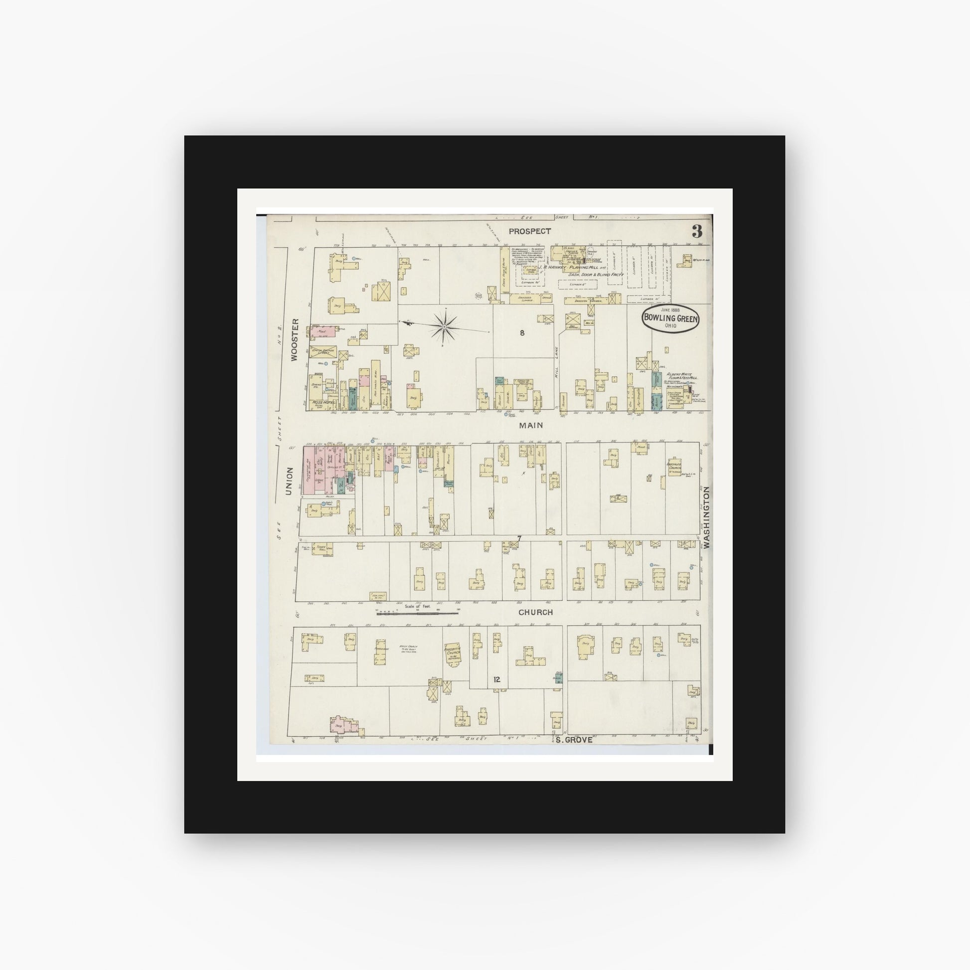 Old map wall art mockup — black gallery frame with white mat — Sanborn Fire Insurance Map from Bowling Green, Wood County, Ohio (1888), Sheet #0003