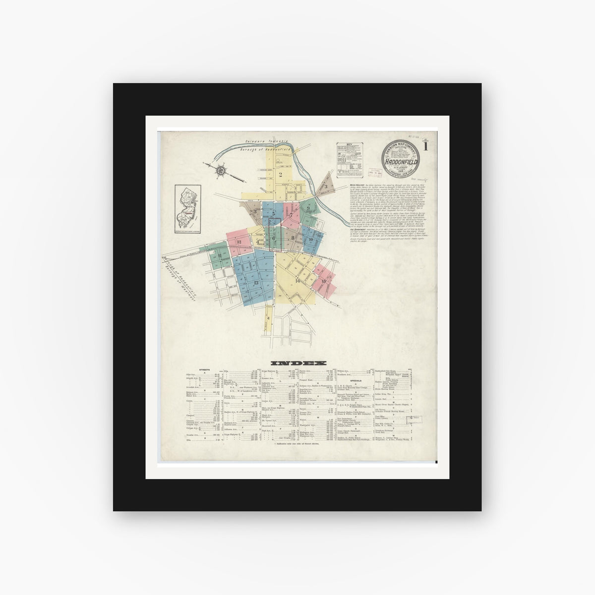 Old map wall art mockup — black gallery frame with white mat — Sanborn Fire Insurance Map from Haddonfield, Camden County, New Jersey (1914) - Complete Map Set