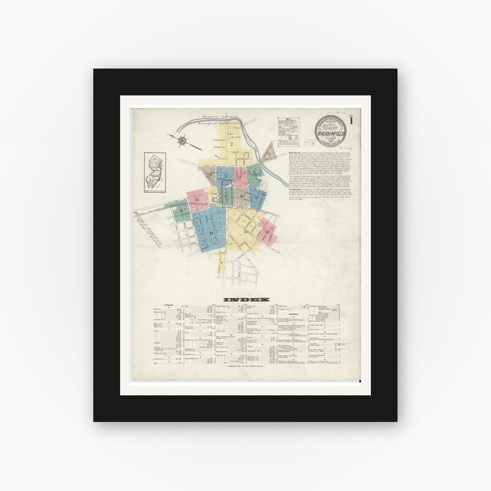 Old map wall art mockup — black gallery frame with white mat — Sanborn Fire Insurance Map from Haddonfield, Camden County, New Jersey (1914) - Complete Map Set