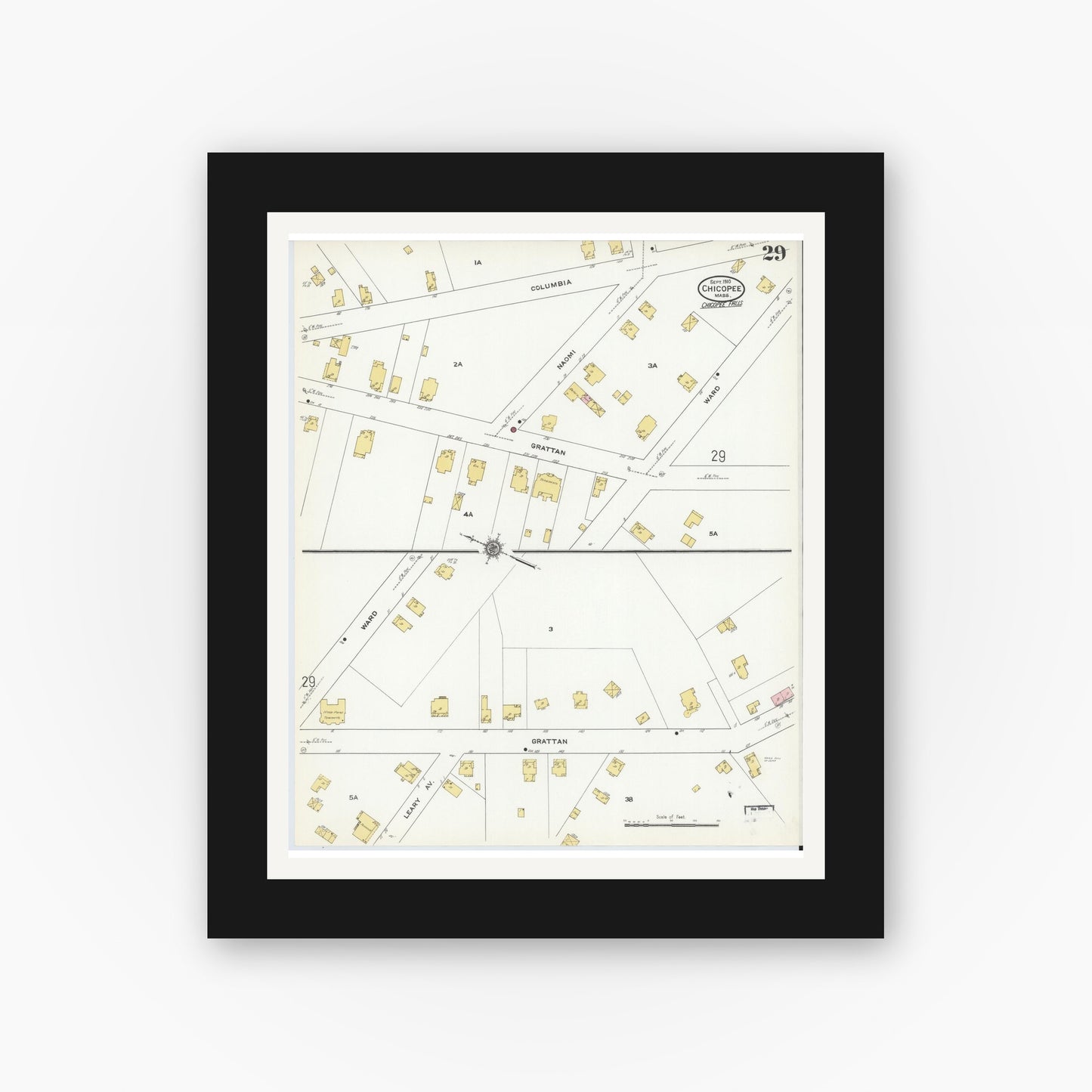 Old map wall art mockup — black gallery frame with white mat — Sanborn Fire Insurance Map from Chicopee, Hampden County, Massachusetts (1910), Sheet #0029