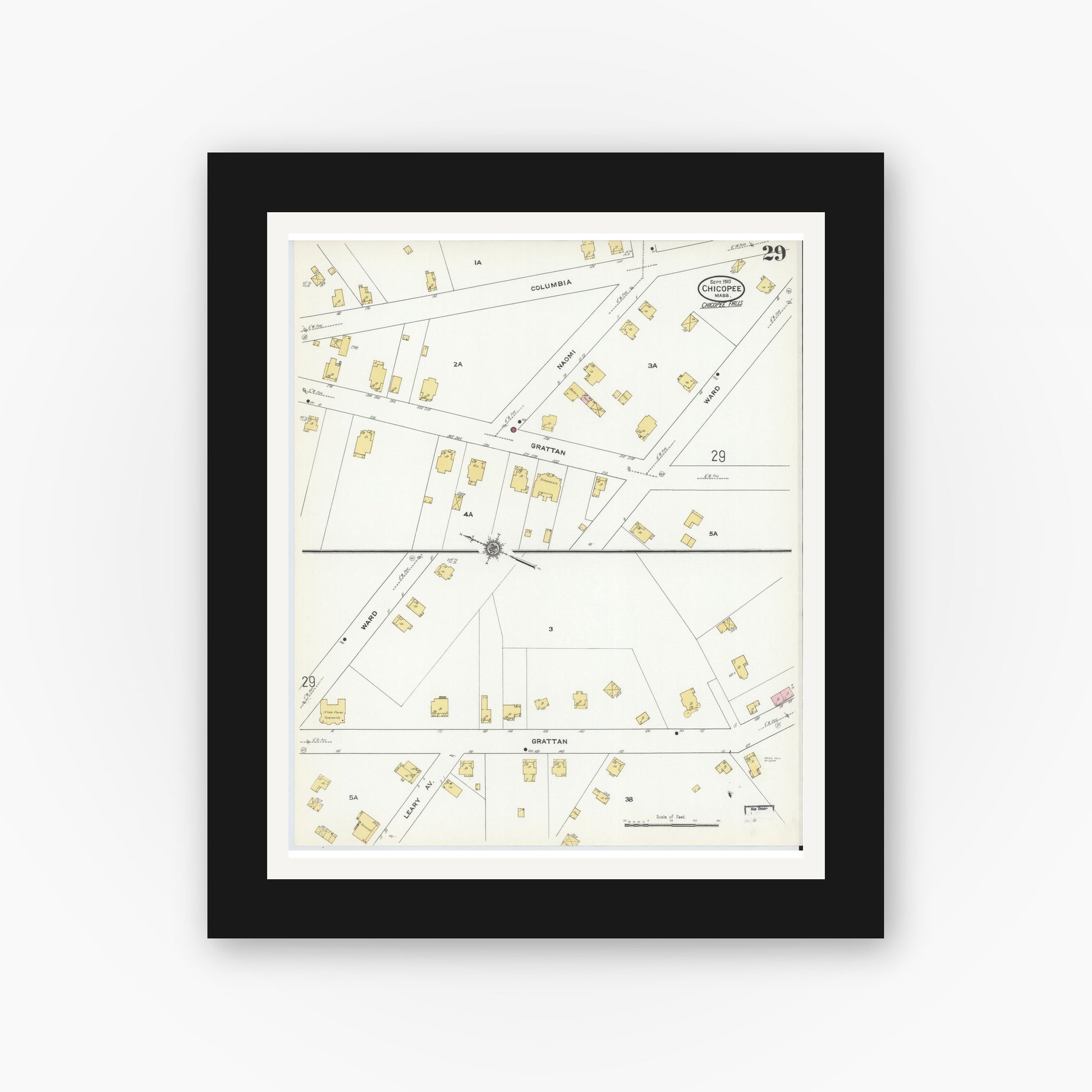 Old map wall art mockup — black gallery frame with white mat — Sanborn Fire Insurance Map from Chicopee, Hampden County, Massachusetts (1910), Sheet #0029