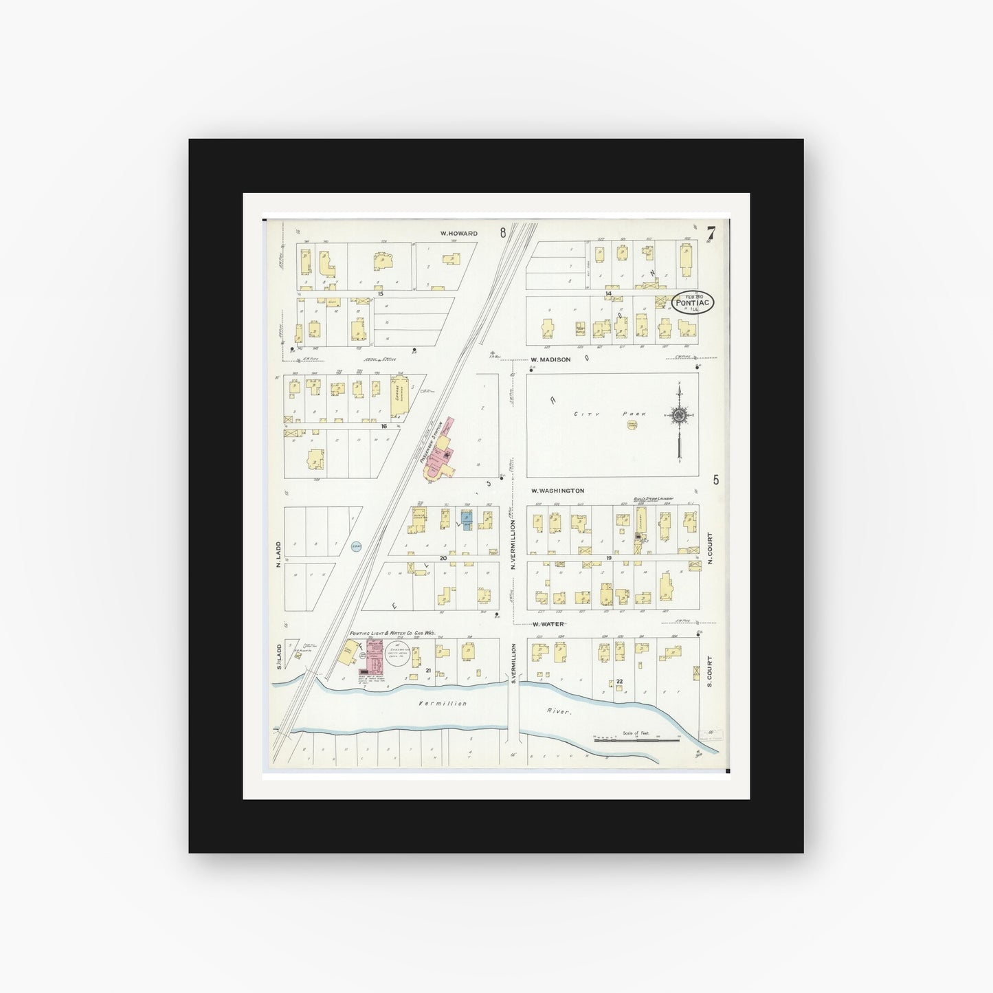 Old map wall art mockup — black gallery frame with white mat — Sanborn Fire Insurance Map from Pontiac, Livingston County, Illinois (1910), Sheet #0007