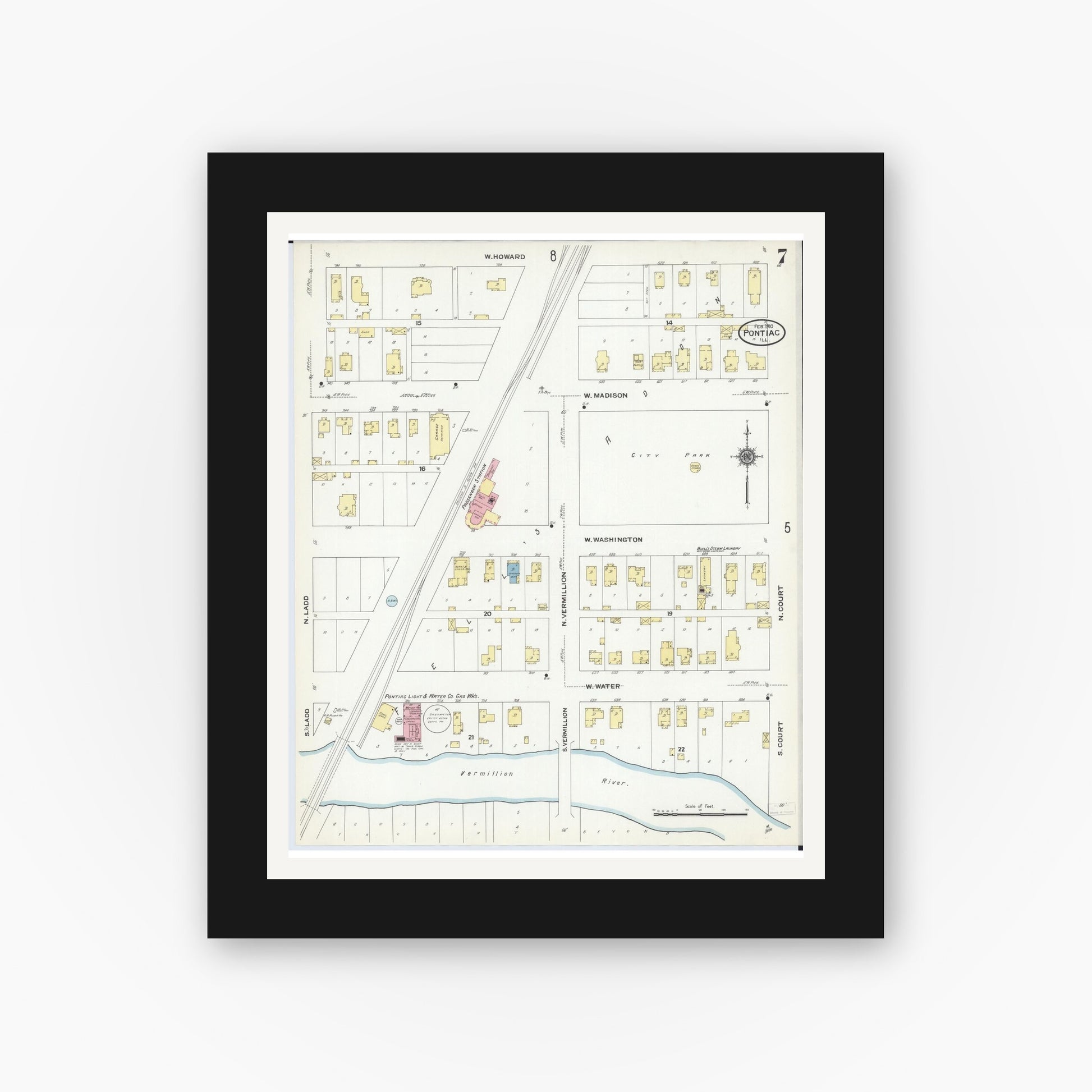 Old map wall art mockup — black gallery frame with white mat — Sanborn Fire Insurance Map from Pontiac, Livingston County, Illinois (1910), Sheet #0007