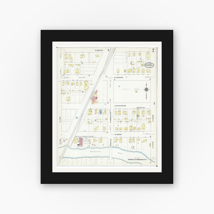 Old map wall art mockup — black gallery frame with white mat — Sanborn Fire Insurance Map from Pontiac, Livingston County, Illinois (1910), Sheet #0007