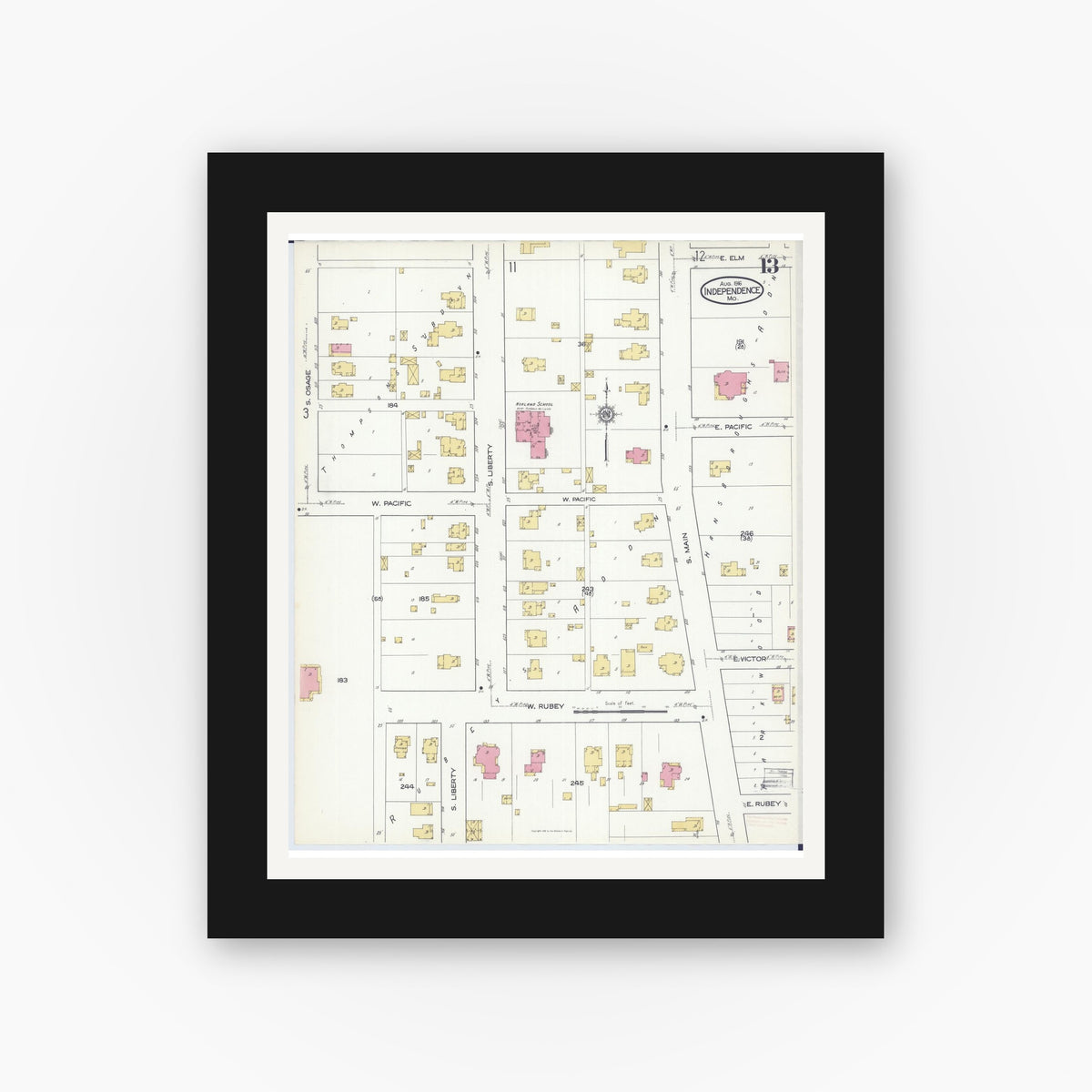 Old map wall art mockup — black gallery frame with white mat — Sanborn Fire Insurance Map from Independence, Jackson County, Missouri (1916), Sheet #0013