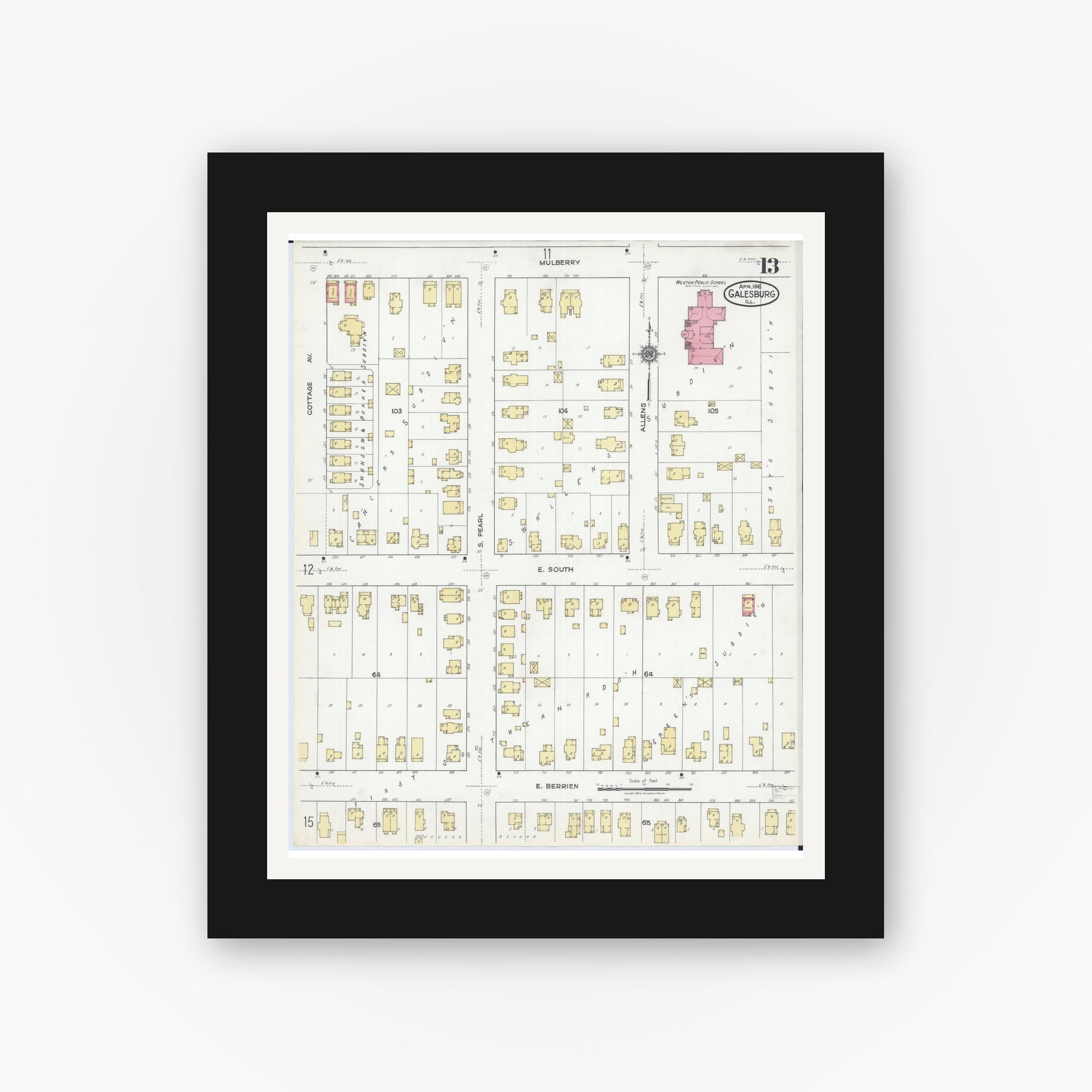 Old map wall art mockup — black gallery frame with white mat — Sanborn Fire Insurance Map from Galesburg, Knox County, Illinois (1918), Sheet #0013