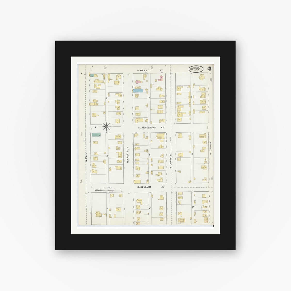 Old map wall art mockup — black gallery frame with white mat — Sanborn Fire Insurance Map from Denison, Grayson County, Texas (1892), Sheet #0003