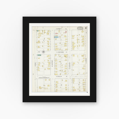 Old map wall art mockup — black gallery frame with white mat — Sanborn Fire Insurance Map from Denison, Grayson County, Texas (1892), Sheet #0003