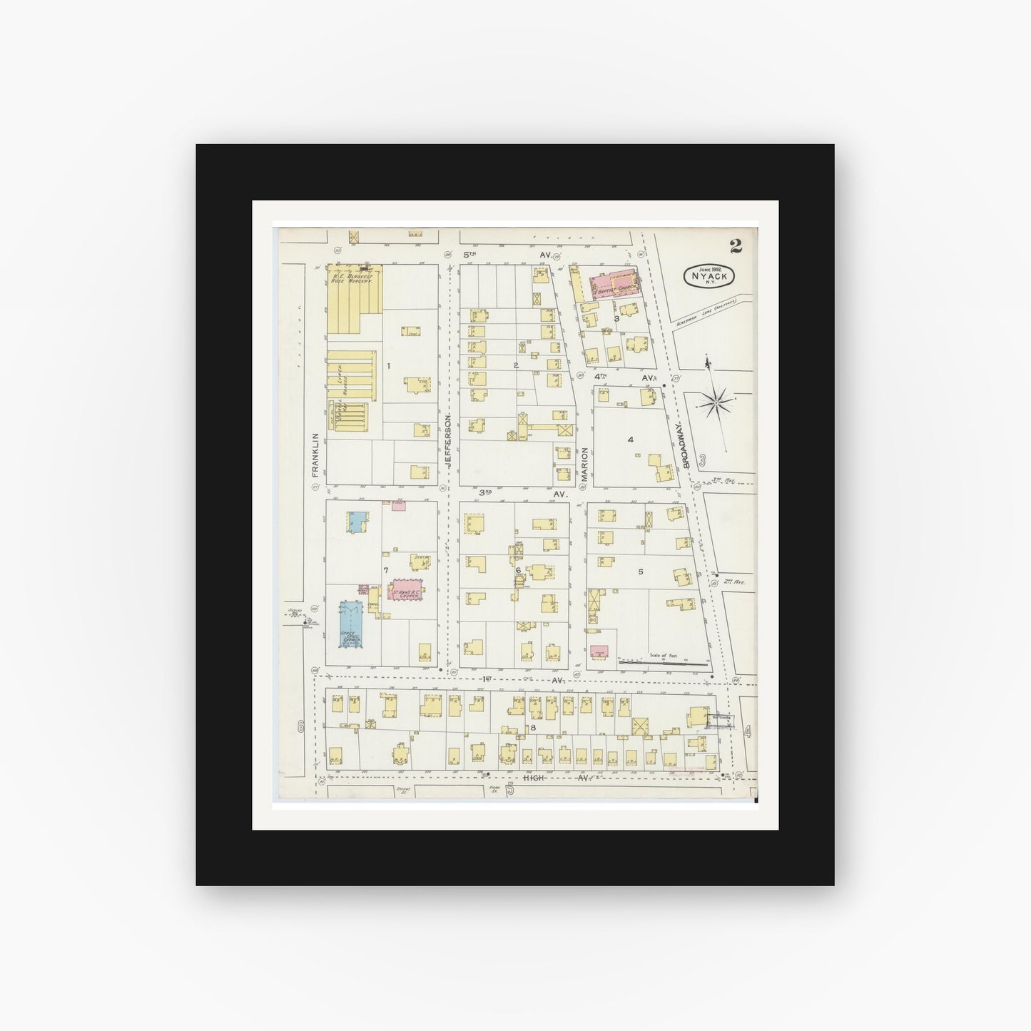 Old map wall art mockup — black gallery frame with white mat — Sanborn Fire Insurance Map from Nyack, Rockland County, New York. (1892), Sheet #0002