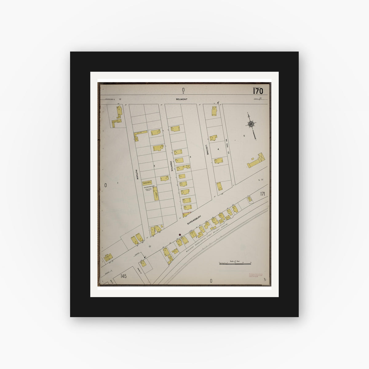Old map wall art mockup — black gallery frame with white mat — Sanborn Fire Insurance Map from Worcester, Worcester County, Massachusetts (1910), Sheet #0170
