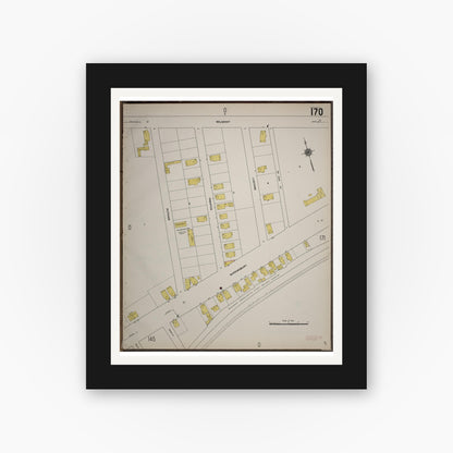 Old map wall art mockup — black gallery frame with white mat — Sanborn Fire Insurance Map from Worcester, Worcester County, Massachusetts (1910), Sheet #0170