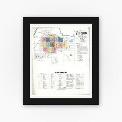 Old map wall art mockup — black gallery frame with white mat — Sanborn Fire Insurance Map from Atlantic, Cass County, Iowa (1923) â€” Complete Set