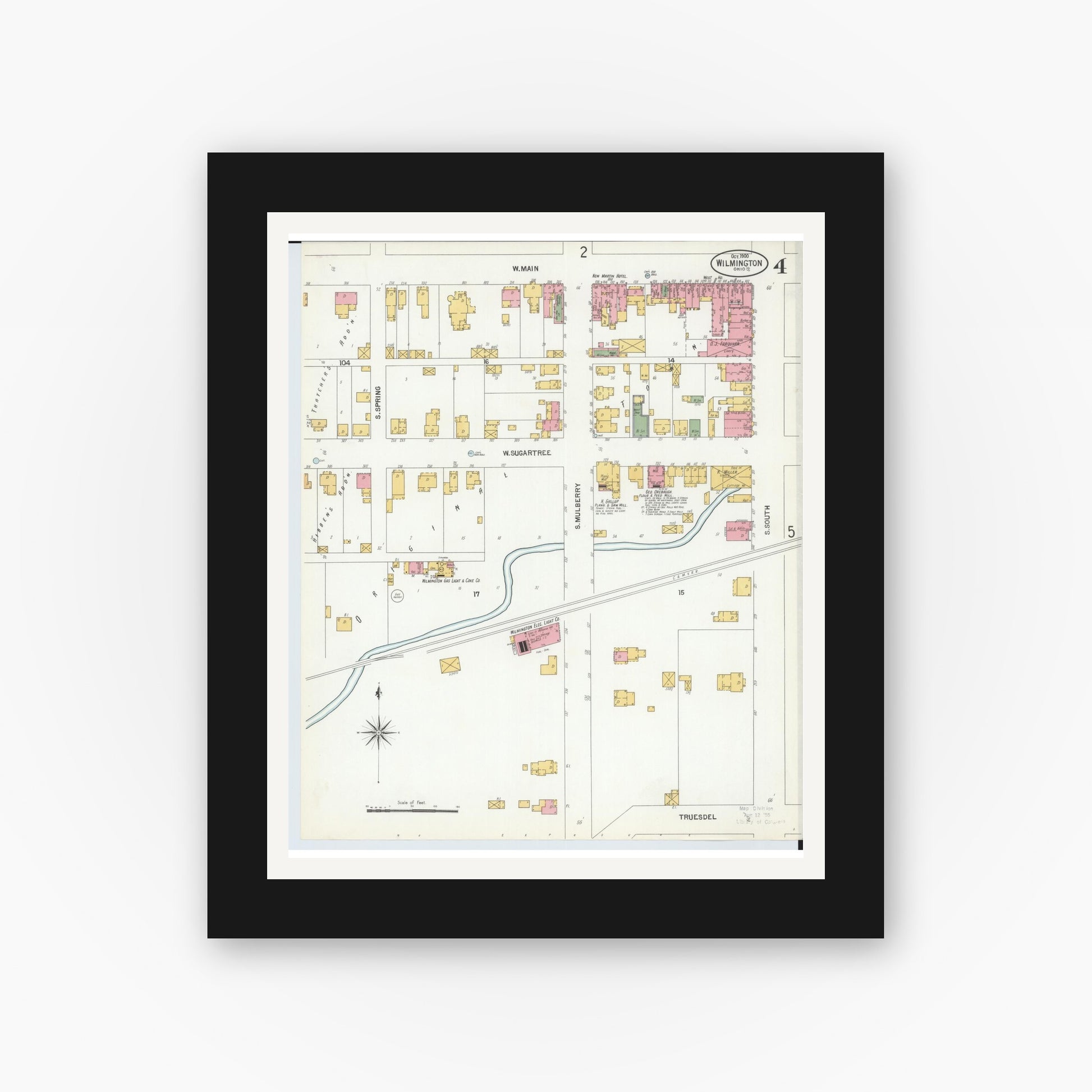 Old map wall art mockup — black gallery frame with white mat — Sanborn Fire Insurance Map from Wilmington, Clinton County, Ohio (1900), Sheet #0004