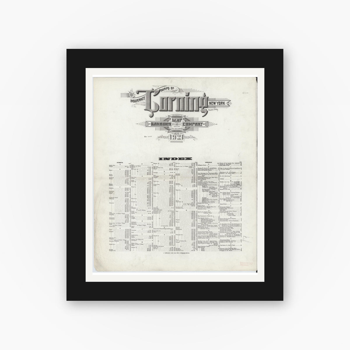 Old map wall art mockup — black gallery frame with white mat — Sanborn Fire Insurance Map from Corning, Steuben County, New York (1921), Sheet #0001