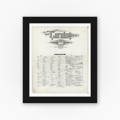 Old map wall art mockup — black gallery frame with white mat — Sanborn Fire Insurance Map from Corning, Steuben County, New York (1921), Sheet #0001