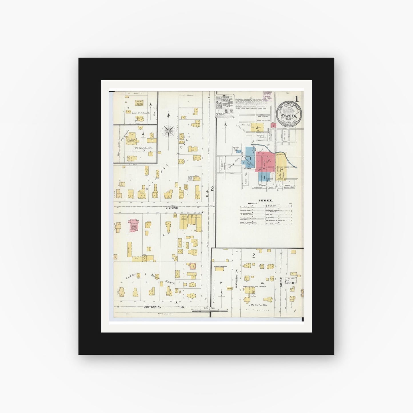 Old map wall art mockup — black gallery frame with white mat — Sanborn Fire Insurance Map from Sparta, Kent County, Michigan (1904) - Complete Map Set