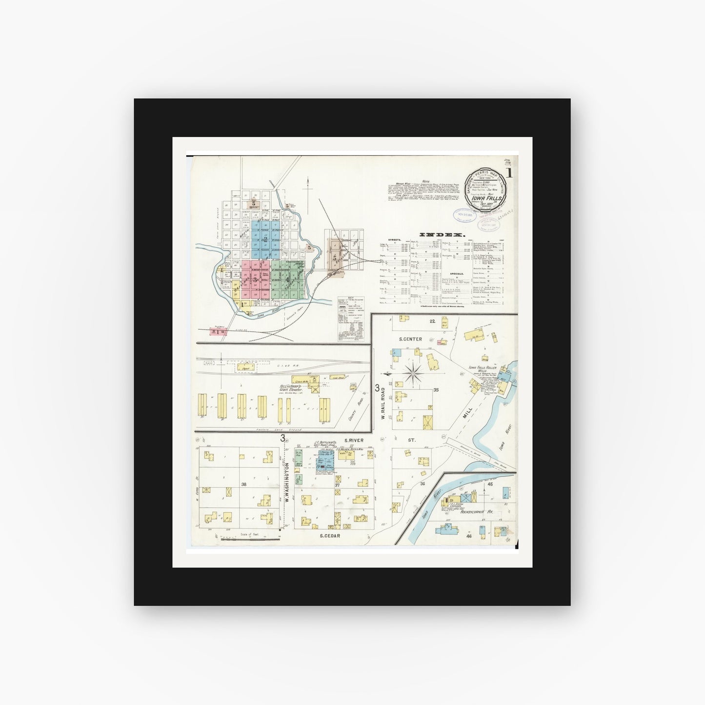 Old map wall art mockup — black gallery frame with white mat — Sanborn Fire Insurance Map from Iowa Falls, Hardin County, Iowa (1897) â€” Complete Set