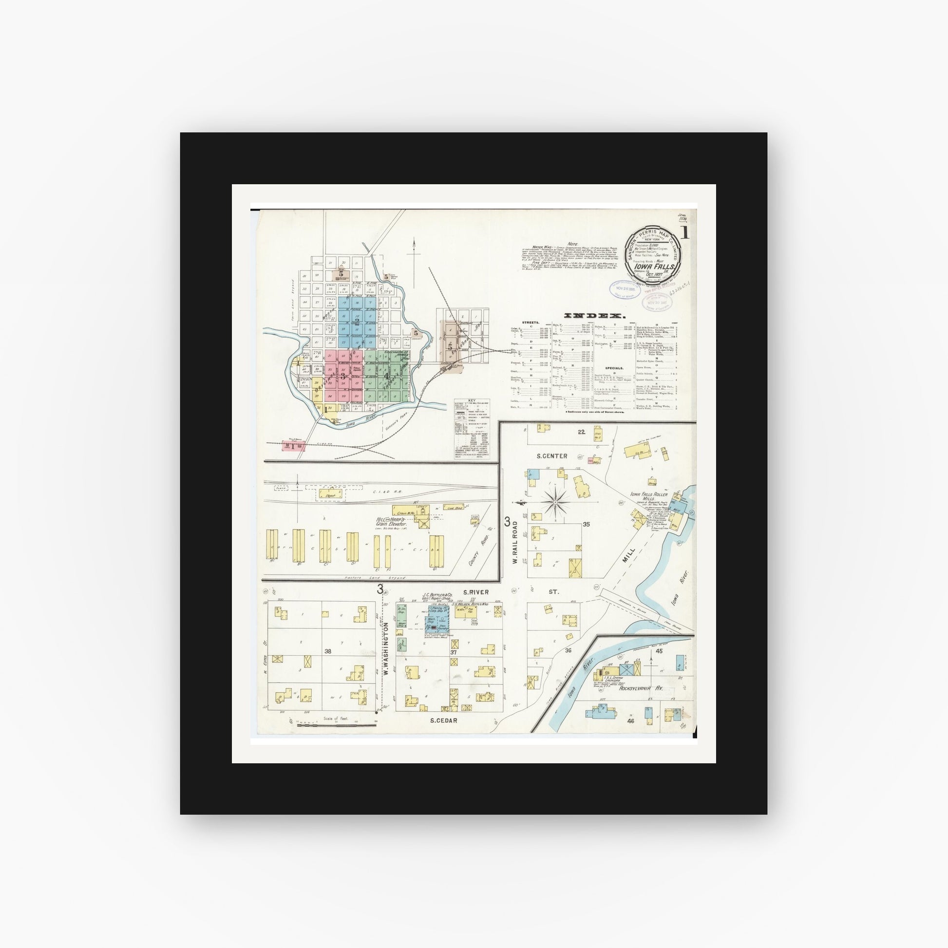 Old map wall art mockup — black gallery frame with white mat — Sanborn Fire Insurance Map from Iowa Falls, Hardin County, Iowa (1897) â€” Complete Set